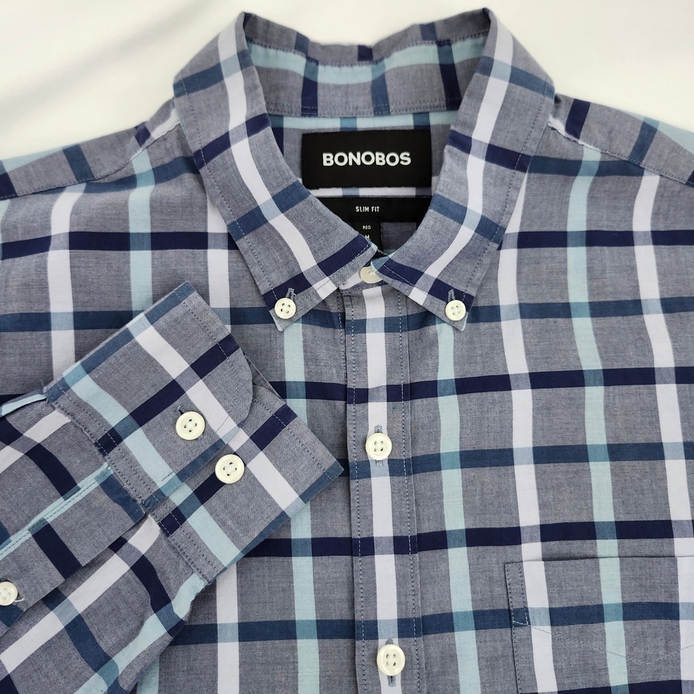 Bonobos Mens Slim Fit Button Down Shirt Size M Blue Plaid Cotton Classic‎ Preppy